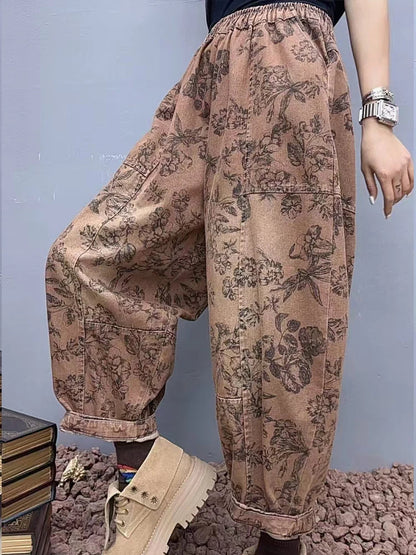 2025 Floral Spring Ladies Printed Classic Elegant Harem Pants Casual Fashion Jeans Vintage Loose Women Denim Trousers