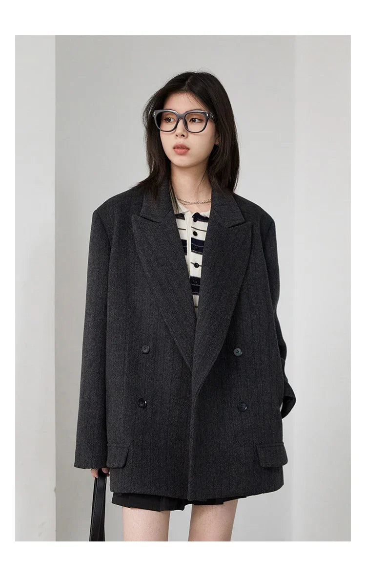 Women Woolen Blazer Loose Vintage V Neck Female Jacket Suit Double Breasted Office Ladies Coat Spring Autumn 2025