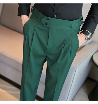 British Style Autumn New High Waist Trousers Men Belt Design Slim Fit Suit Pants Office Social Wedding Party Formal Pants Hommes