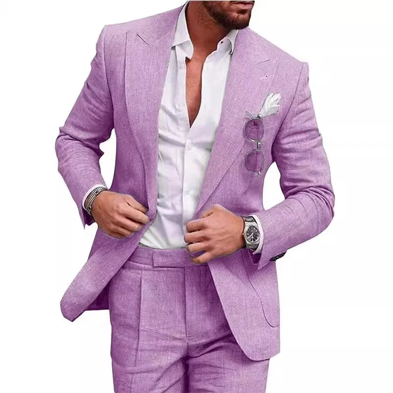 Linen Causal Men Suits for Beach Party Solid Color Business Two Pieces Wedding Tuxedo Set Peak Lapel Suit Jacket with Pants