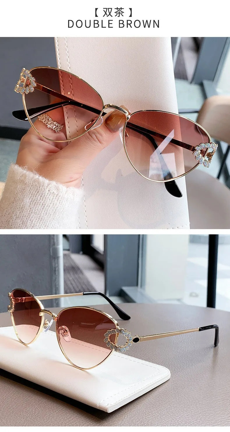 2026 Women Elegant Oval Metal Frame Cat Eye Sunglasses Hollow Rhinestone Wreath Temple UV Protection Gradient Lens Sun Shades