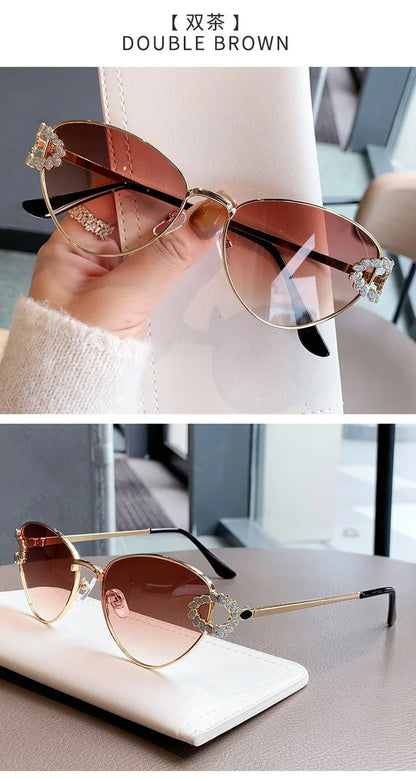2026 Women Elegant Oval Metal Frame Cat Eye Sunglasses Hollow Rhinestone Wreath Temple UV Protection Gradient Lens Sun Shades