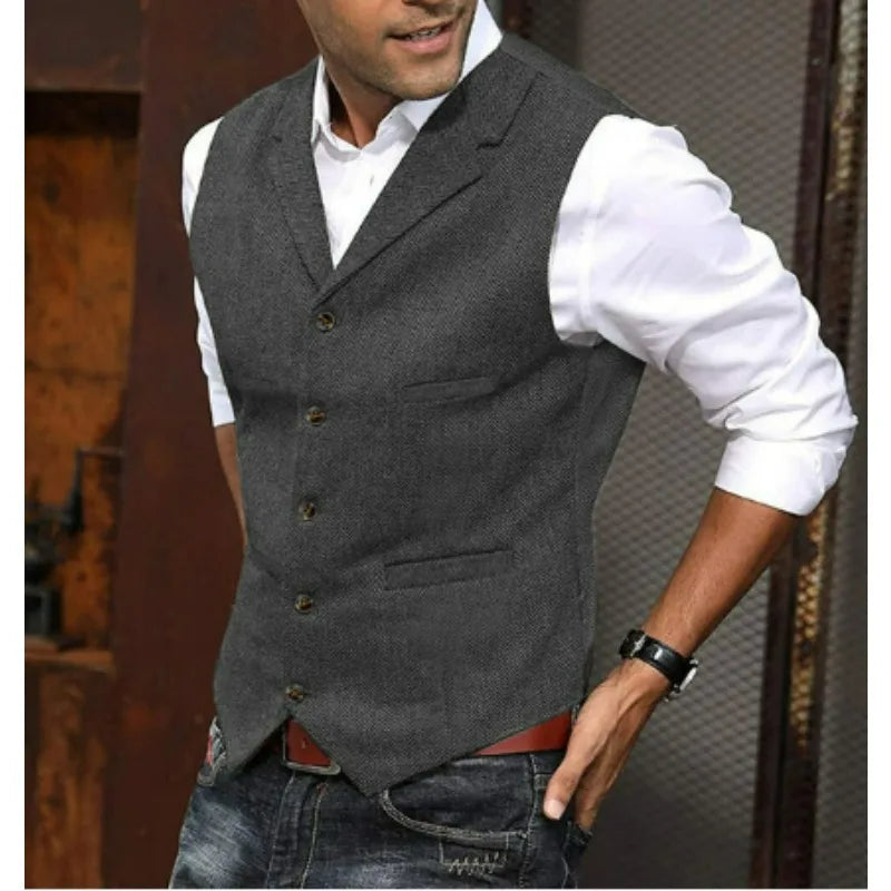 Business Suit Vest Man British Retro V-neck Male Vest Slim Solid Color Single-breasted Workwear Casual Men Waistcoat