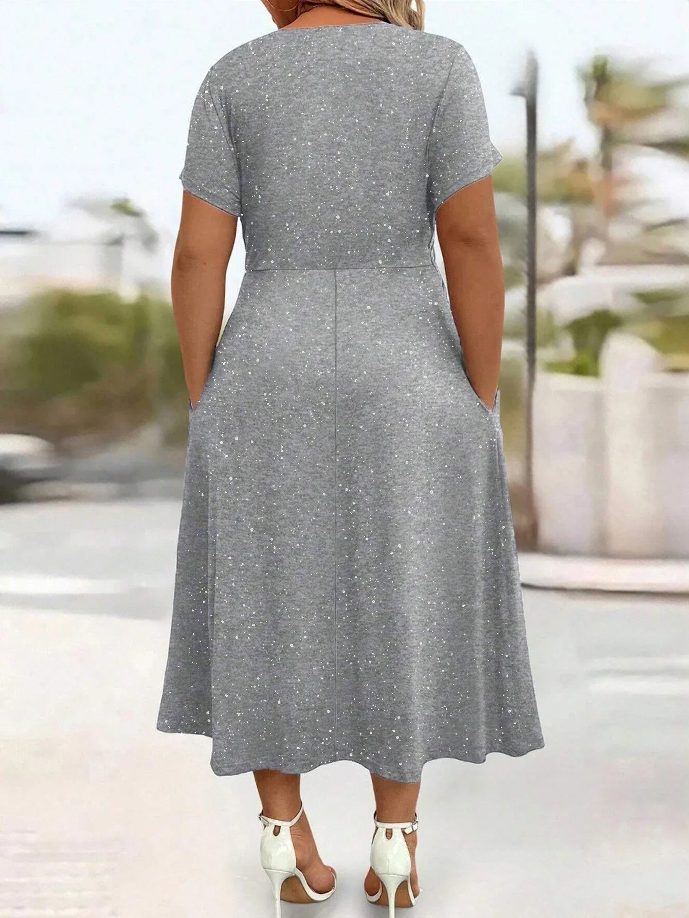 Ladies' elegant plus size powder sprinkled shiny twisted knot with pockets V-neck dress