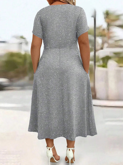 Ladies' elegant plus size powder sprinkled shiny twisted knot with pockets V-neck dress