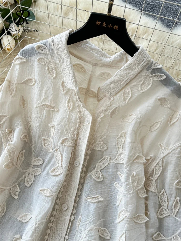 2025 Spring Gentle Women Blouse Leaves Embroidery Single Breasted Long Sleeves Summer Thin Streetwear Casual Shirt