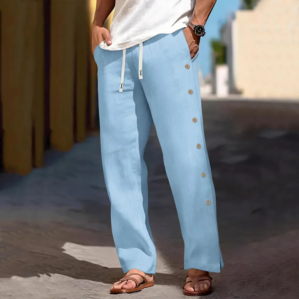 Men's Casual Cotton Linen Pants Drawstring Waist Side Button Decor Straight Leg Lightweight Breathable Summer Beach Trousers
