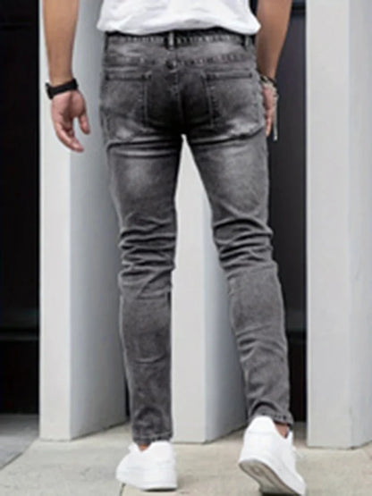 2025 Men's Slim Four-Season Washed Fashion Jeans Stretch Slim Fit Light Blue Gray Black Casual Denim Pants