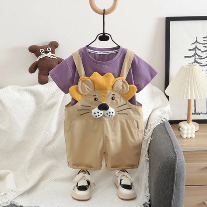 New Toddler Summer Baby Boys/Girls Clothes Children Solid T-Shirt+Cartoon Lion Bib Pants 2Pcs/Set Infant Kids Fashion Tracksuits