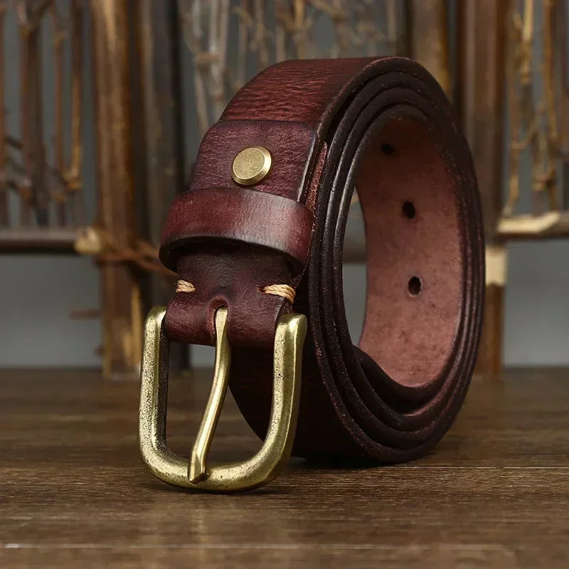 3.3CM Genuine Leather Belt Men Luxury Strap Male Fashion Pure Cowhide Copper Buckle Wild Classic Retro Pin Buckle High Quality