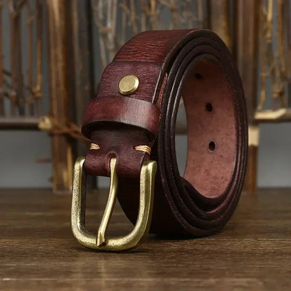 3.3CM Genuine Leather Belt Men Luxury Strap Male Fashion Pure Cowhide Copper Buckle Wild Classic Retro Pin Buckle High Quality