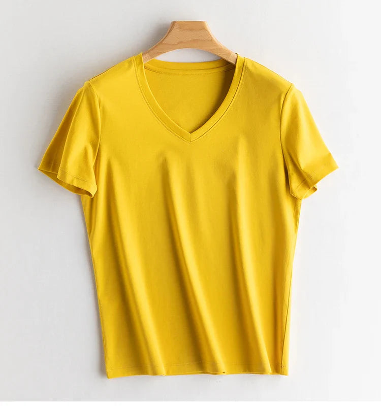 6% Real Silk Cotton Modal Women's T-shirt 2026 Summer Tees Short Sleeve Solid Tee Shirts V-neck Casual Woman Basic T shirt Tops