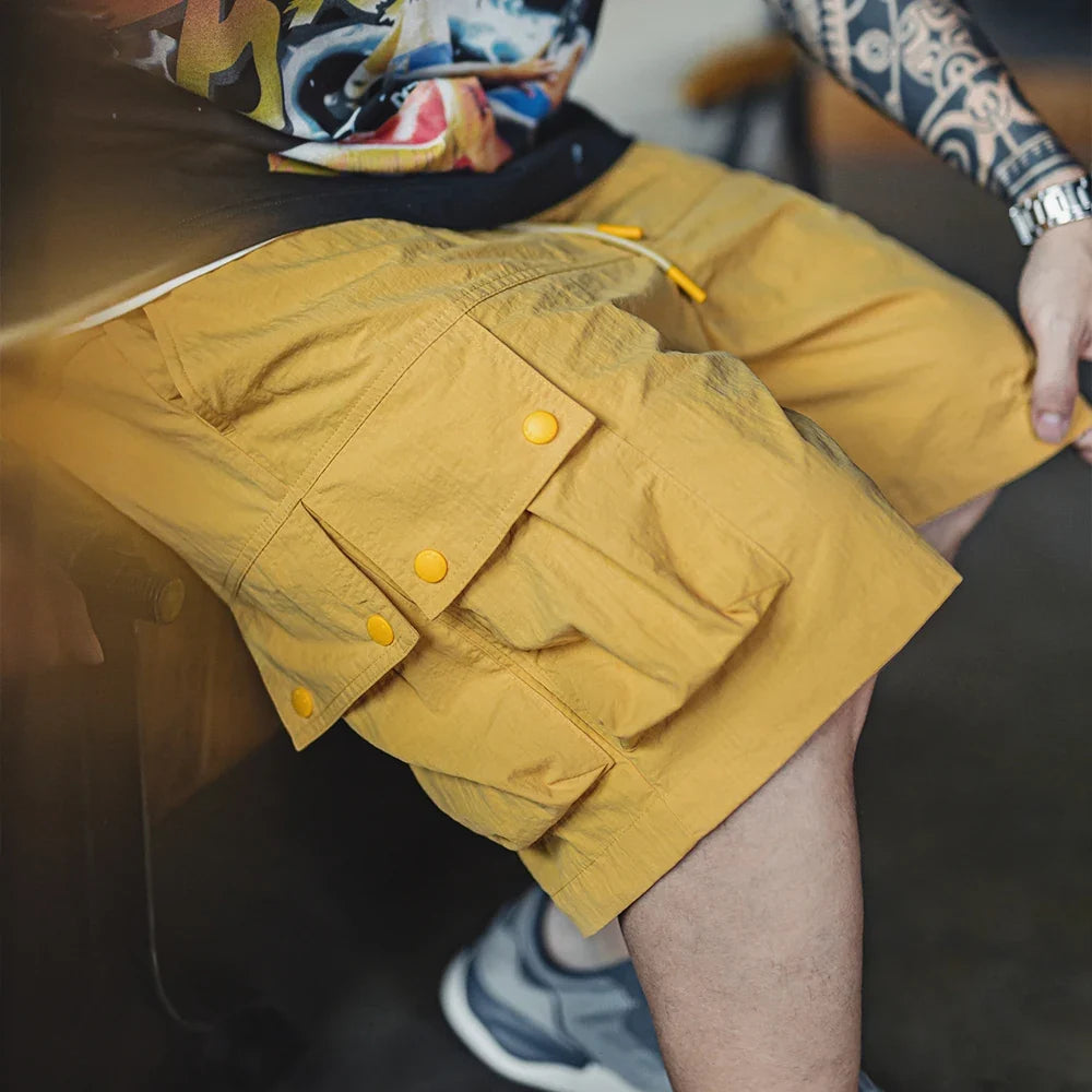 Outdoor Yellow Cargo Shorts Men's Summer Quick-Dry Lightweight Sports Shorts with Drawstring Waist Multi-Pocket Bottoms