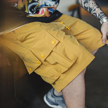 Outdoor Yellow Cargo Shorts Men's Summer Quick-Dry Lightweight Sports Shorts with Drawstring Waist Multi-Pocket Bottoms