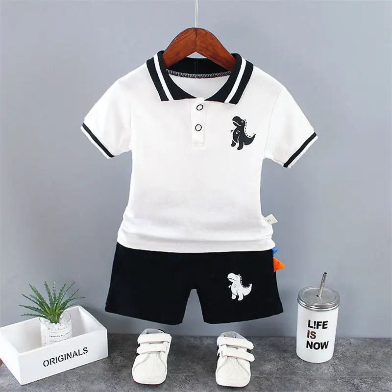 Summer Baby Boy Casual Clothes Cartoon Dinosaur T-Shirt Short Pants 2Pcs/Set Sport Kids Lapel Suits Children Fashion 0-5 Years