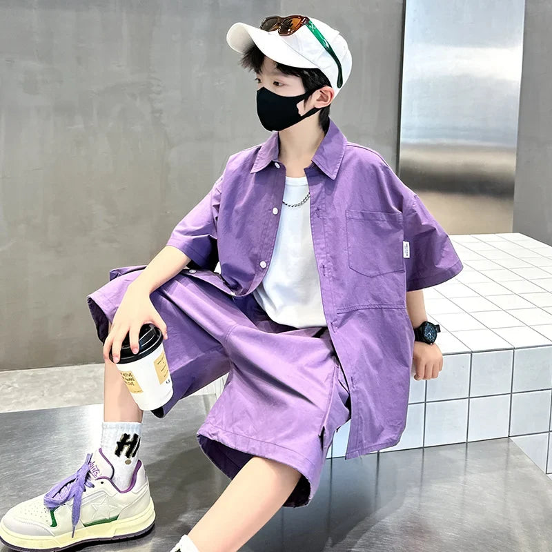 Kids New Summer Purple Suit for Boys Short Sleeve Shirt + Shorts 2 Pieces Clothes Set Children Loose Style Outfit Clothing Set