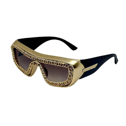 Luxury Gold Chain Small Rectangle Sunglasses Man Thick Frame Punk Rock Hip Hop Party Cool Shades UV400 gafas sol hombre