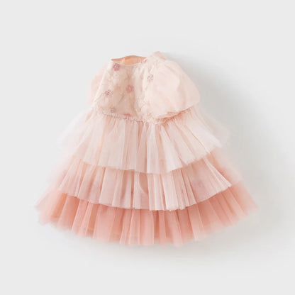 Girls Baby Princess Dress Summer Sweet Cute Bubble Sleeves Elegant Pink Mesh Layered Dress Party Outdoor DB2251649