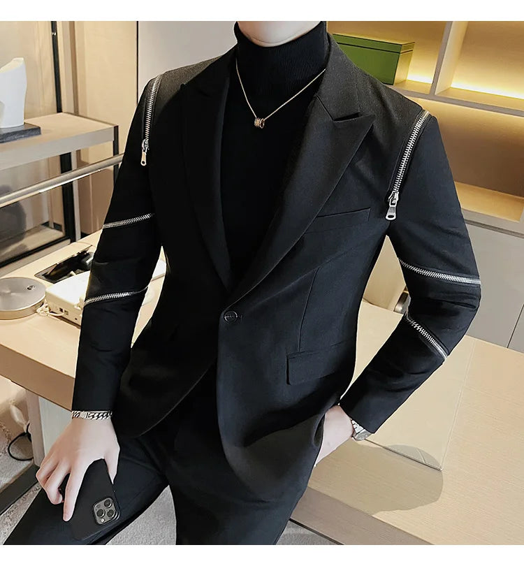 2024 Autumn New Zipper Decoration Blazer Men Casual Slim Fit Business Dress Coats Homme Formal Social Prom Tuxedo Men Clothing
