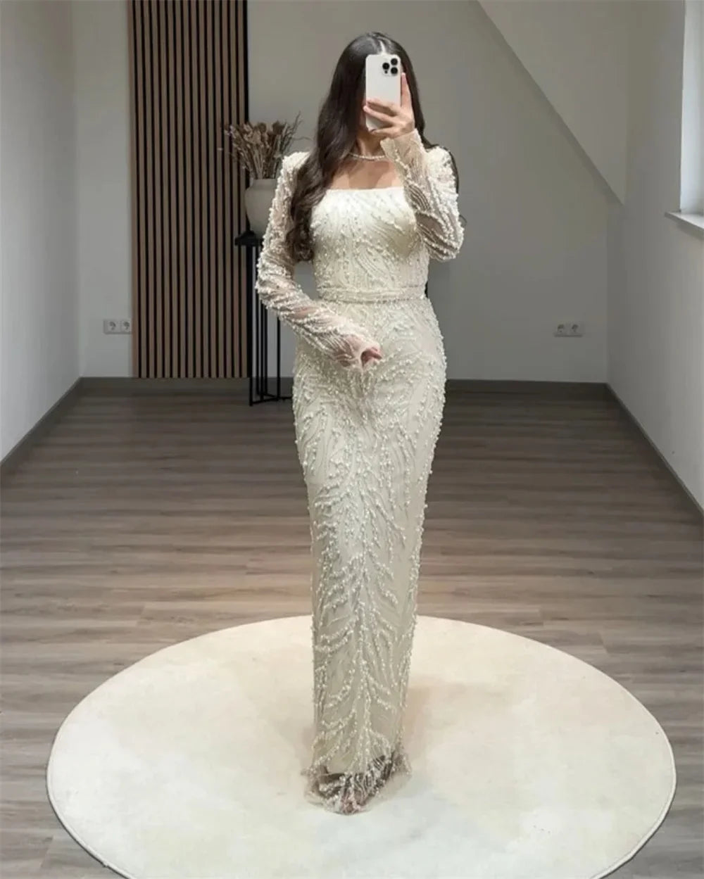 Dubai Beading Pearls Wedding Dress Square Collar Long Sleeves vestidos de noche Rear Forks فساتين سهرة Customized 2025