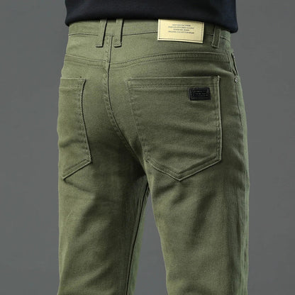 Army Green Elastic Cotton Jeans Men's Spring Fashion Slim Straight Denim Pants Comfort Large Size Korean Business Casual Trousers