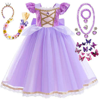 Rapunzel Short Sleeve Purple Puffy Dress + Accessories Girls Cosplay Rapunzel Summer Casual Dress Birthday Party Gift