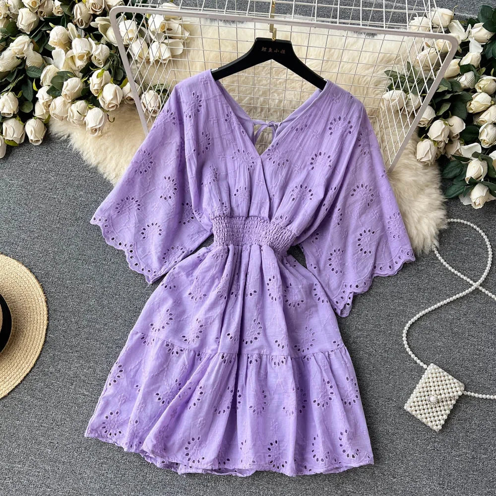 White/Purple/Blue V Neck Summer New Lace Embroidery Dress Women Short Sleeves Dresses Female Vintage Party Beach Midi Dresses