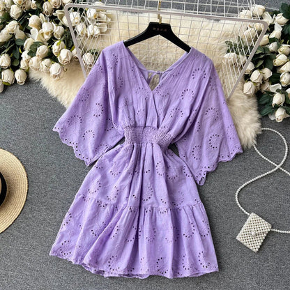White/Purple/Blue V Neck Summer New Lace Embroidery Dress Women Short Sleeves Dresses Female Vintage Party Beach Midi Dresses