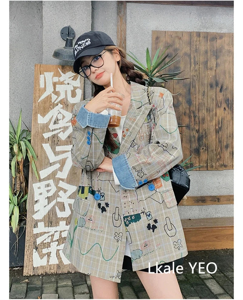 Women's Blazer Jacket 2025 Spring Autumn Fashion Graffiti Printed Ladies Lattice Suit Coat Casual Korean Version Lady Outerwear