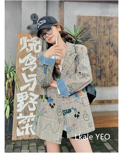 Women's Blazer Jacket 2025 Spring Autumn Fashion Graffiti Printed Ladies Lattice Suit Coat Casual Korean Version Lady Outerwear