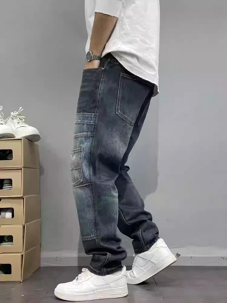 Patchwork Straight Leg Jeans Plus Size Multi Pocket Japanese Streetwear High Quality Trendy Skater Fit Denim Trousers 2025 New