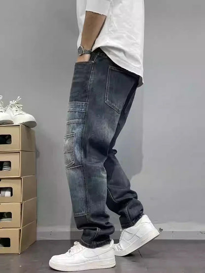 Patchwork Straight Leg Jeans Plus Size Multi Pocket Japanese Streetwear High Quality Trendy Skater Fit Denim Trousers 2025 New