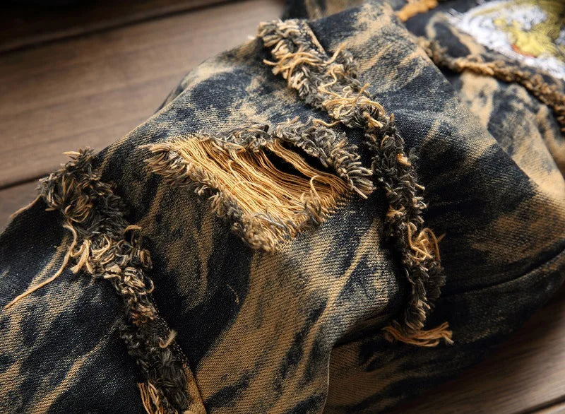 American Vintage Straight-leg Jeans for Men, Featuring Distressed Rip Details, Patchwork and Street-style Tapered Cut.