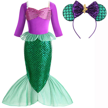 Christmas Holiday Birthday Party Mermaid Princess Same Style Girl Ariel Cosplay Long Sleeve Mermaid Dress Accessory Suit