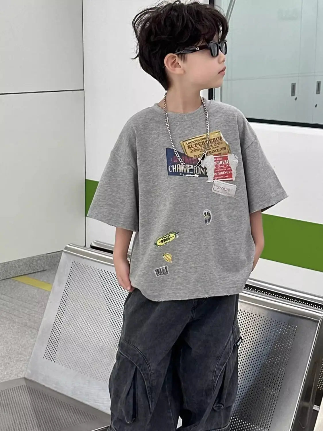 2026 Summer New Vintage Korean Boys T-Shirt Crew Neck Kids Tweens Casual Stylish Breathable Cotton Top