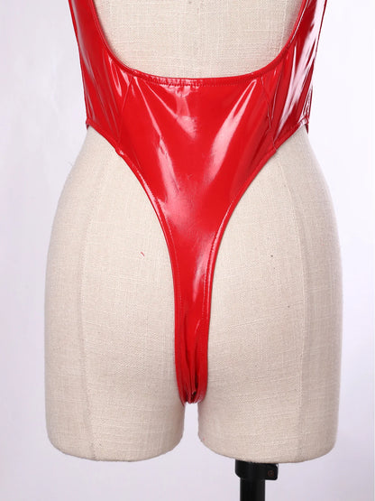 Womens Glossy PU Leather Bodysuit Wit Metal D-ring Open Front Backless High Cut Leotard Jumpsuit for Nightclub Rave Party