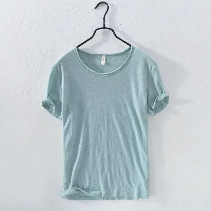 Retro Raw Edge T-Shirt for Men 100% Cotton Lightweight & Breathable Slim-Fit Monochromatic O-Neck Summer Streetwear Essential