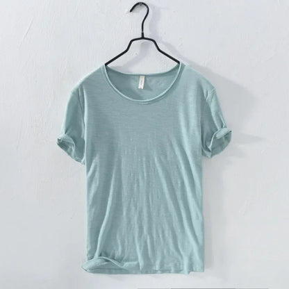 Retro Raw Edge T-Shirt for Men 100% Cotton Lightweight & Breathable Slim-Fit Monochromatic O-Neck Summer Streetwear Essential