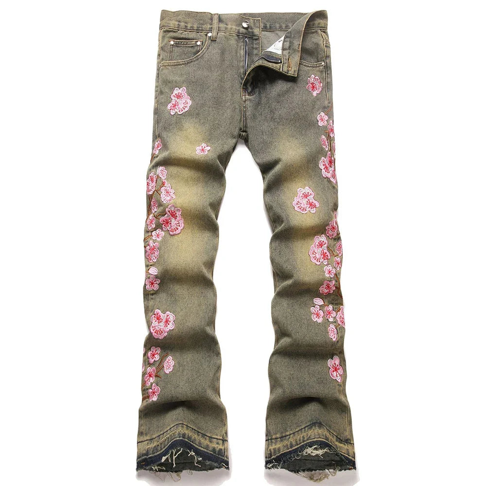 Men Sakura Embroidery Denim Jeans Streetwear Boot Cut Pants Released Hem Flared Trousers with Ripped And Cherry Blossom Design
