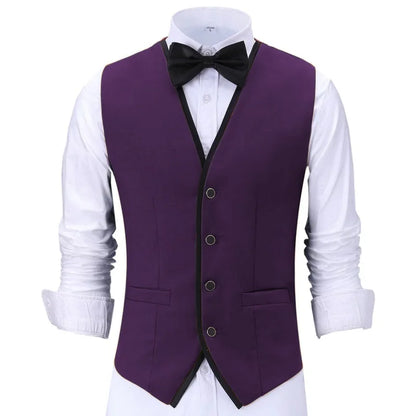 Men Vest Purple With Black Side Single Button Waistcoat For Wedding Banquet Birthday Business Casual Work Set Men Suit Vest