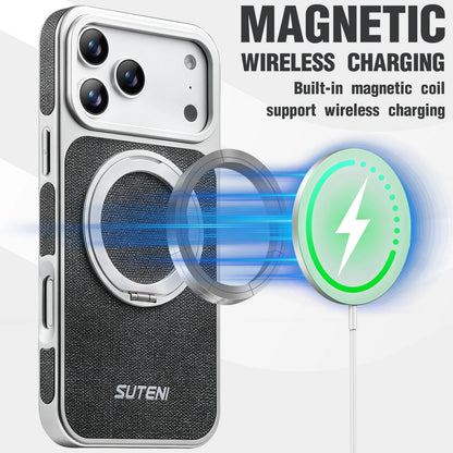 Faux Leather Magnet Wireless Charging Phone Case 360° Rotating Stand Ring Buckle Frosted Feel For iPhone 17 Pro Max 16 15