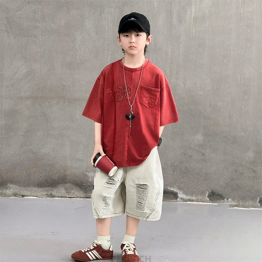 Cool Style Teenager Summer Set T-shirt And Ripped Denim Shorts Clothing Set for Kids Boy Age 7 To 14 Years Children Clothes Suit