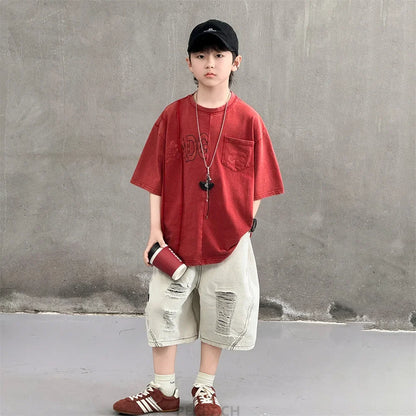 Cool Style Teenager Summer Set T-shirt And Ripped Denim Shorts Clothing Set for Kids Boy Age 7 To 14 Years Children Clothes Suit
