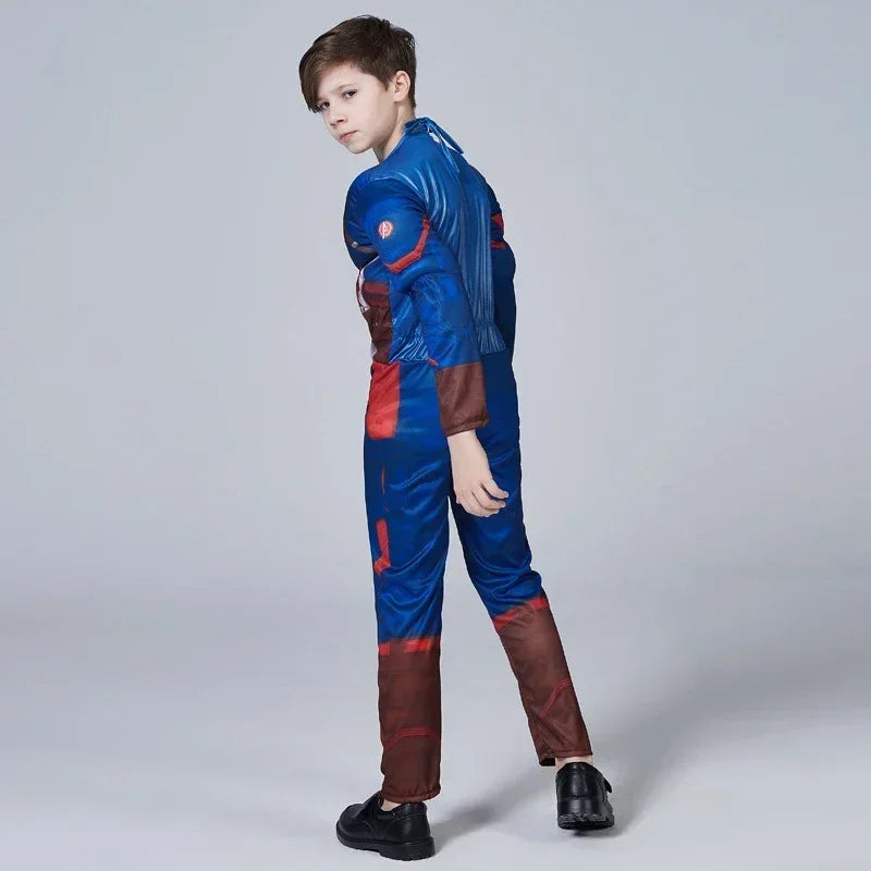 Captain America Muscle Costume Cosplay Superhero Captain America Muscle Jumpsuit Shield Halloween Carnival Party Costume for Kid