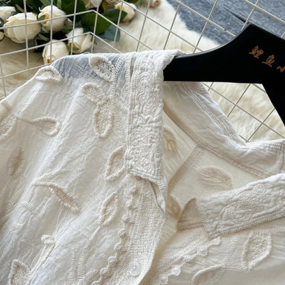 2025 Spring Gentle Women Blouse Leaves Embroidery Single Breasted Long Sleeves Summer Thin Streetwear Casual Shirt