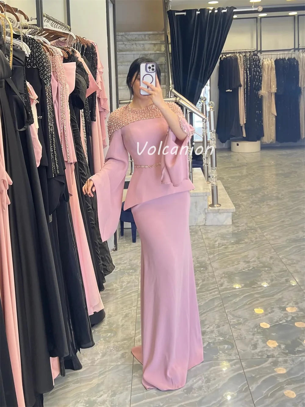 Customized High Quality Classic Jersey Beading Sequined Straight Scoop Neck Long Dresses Bespoke Occasion Dresses Exquisite
