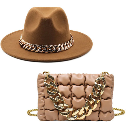 Hat For Women Autumn Winter New Party Jazz Fedora Hats With Fashion Luxury Oversized Chain Accessory Bag Two-piece Set