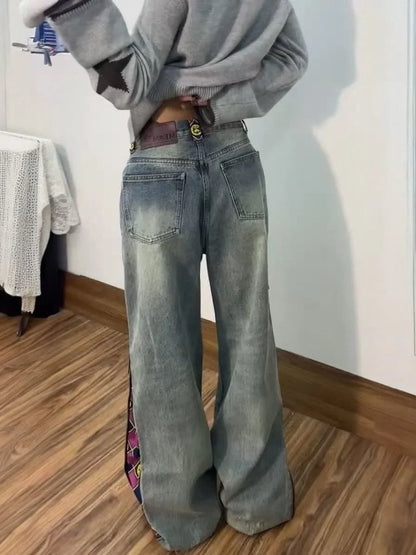 American Sle Zipper Plaid Printed Patchwork Loose Jeans For Men And Women Fashion High Waist Casual Vintage Straight Jeans