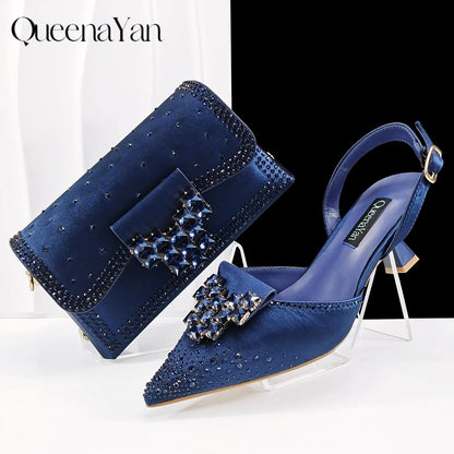2026 New Elegant Coffee Color Pointed-Toe Italian Women's High-Heeled Shoe and Bag Set with Diamond Design for Parties