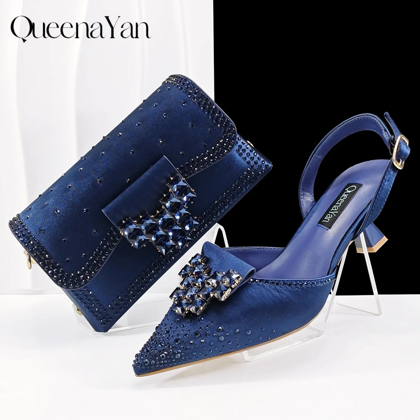 Elegant Navy Blue Handbag and Medium Heel Shoes Set with Beautiful Handmade Metal Decoration for Weddings and Parties